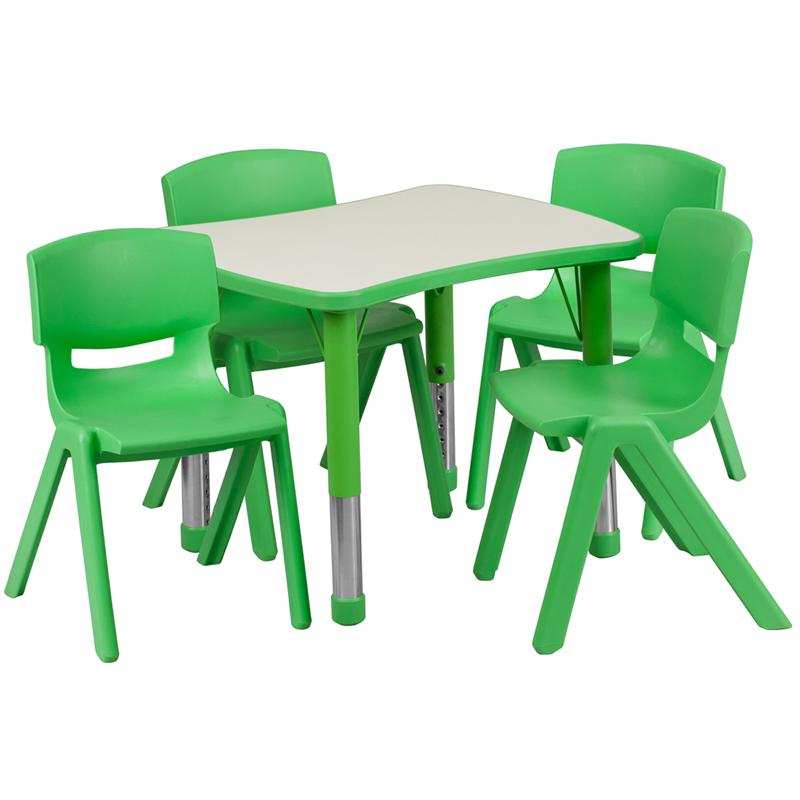 21.875''W x 26.625''L Rectangular Green Plastic Height Adjustable Activity Table Set with 4 Chairs. Picture 1