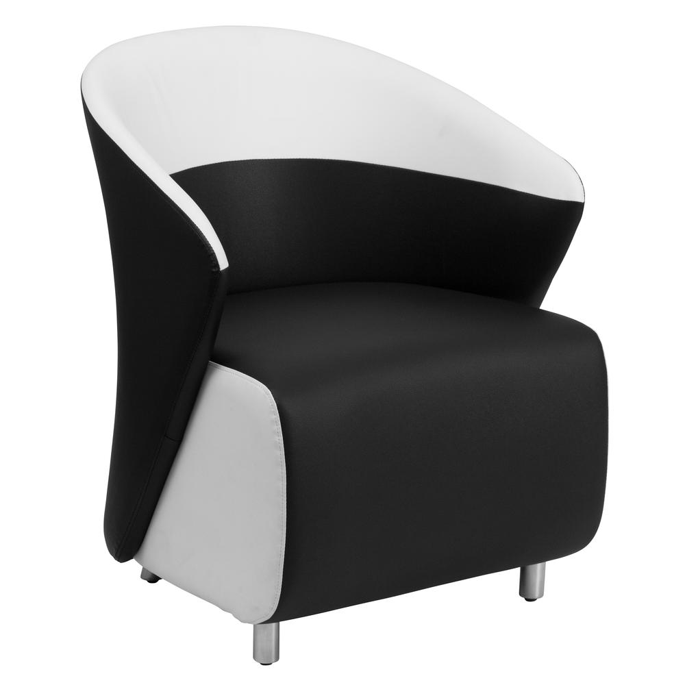 Black LeatherSoft Curved Barrel Back Lounge Chair with Melrose White Detailing. Picture 1
