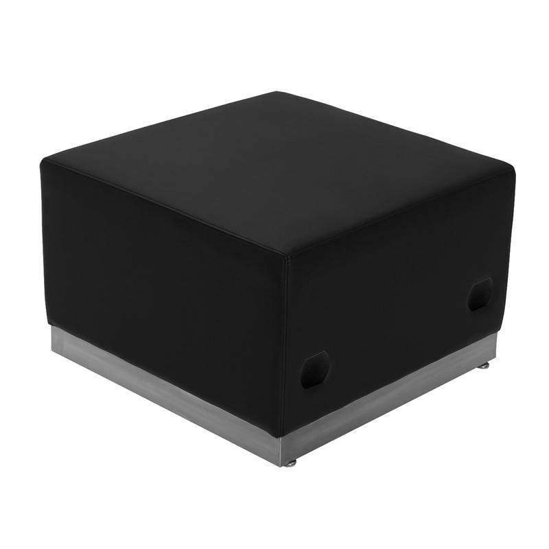 Black LeatherSoft Ottoman with Brushed Stainless Steel Base. Picture 1