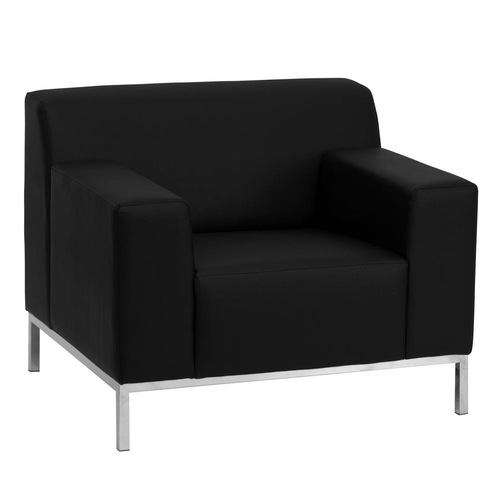 Contemporary Black LeatherSoft Chair with Line Stitching and Integrated Stainless Steel Frame. Picture 1
