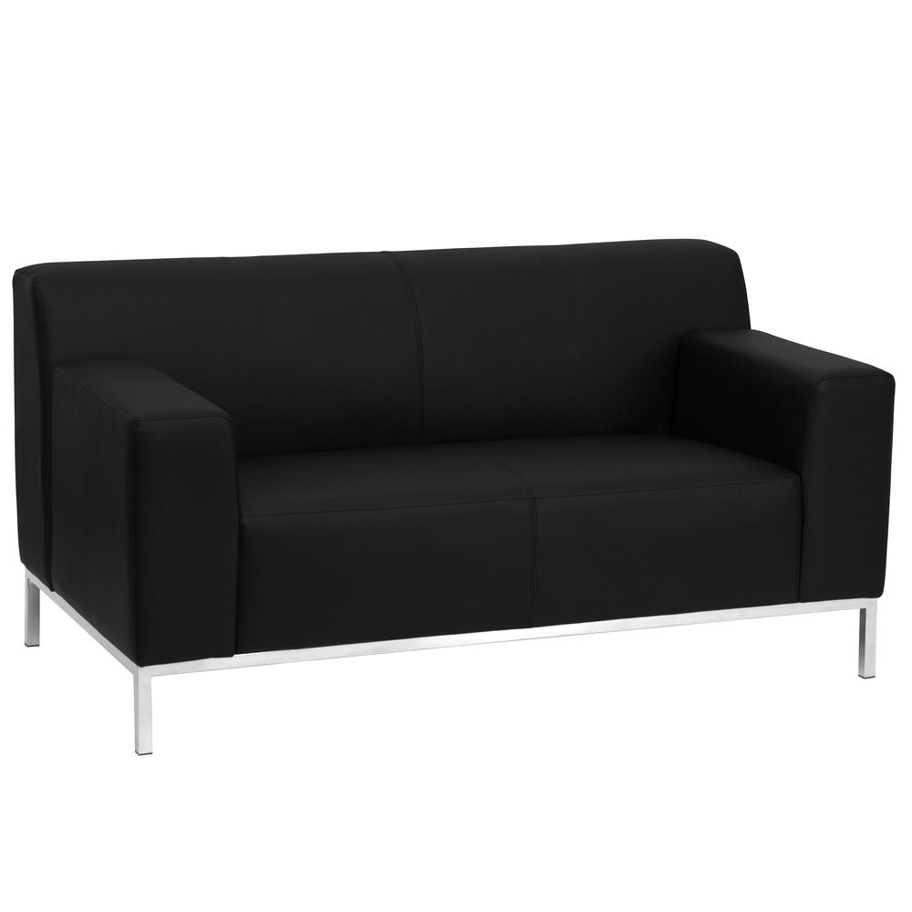 Contemporary Black LeatherSoft Loveseat with Line Stitching and Integrated Stainless Steel Frame. Picture 1