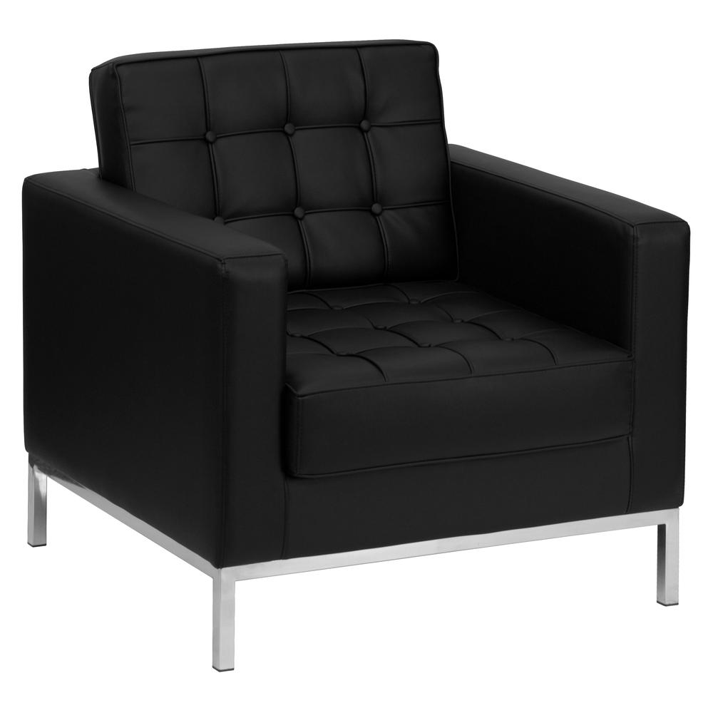 Contemporary Button Tufted Black LeatherSoft Chair with Integrated Stainless Steel Frame. Picture 1
