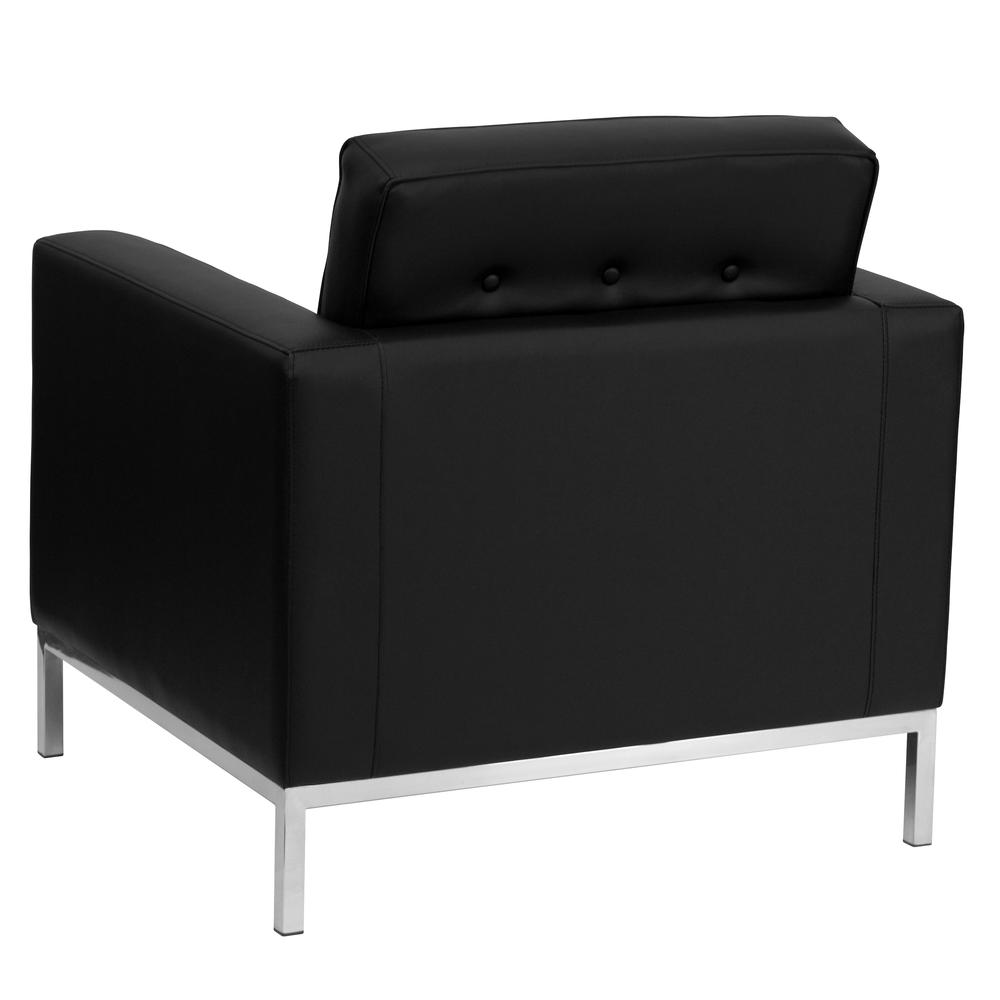 Contemporary Button Tufted Black LeatherSoft Chair with Integrated Stainless Steel Frame. Picture 2
