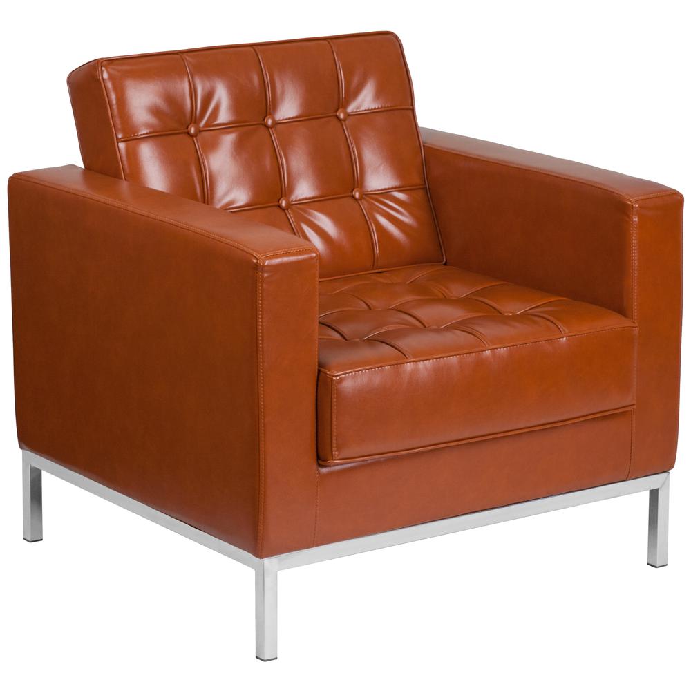 Contemporary Button Tufted Cognac LeatherSoft Chair with Integrated Stainless Steel Frame. Picture 1
