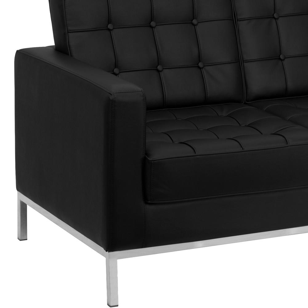 Contemporary Button Tufted Black LeatherSoft Loveseat with Integrated Stainless Steel Frame. Picture 3