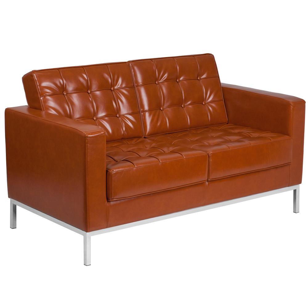 HERCULES Lacey Series Contemporary Cognac LeatherSoft Loveseat with Stainless Steel Frame. The main picture.