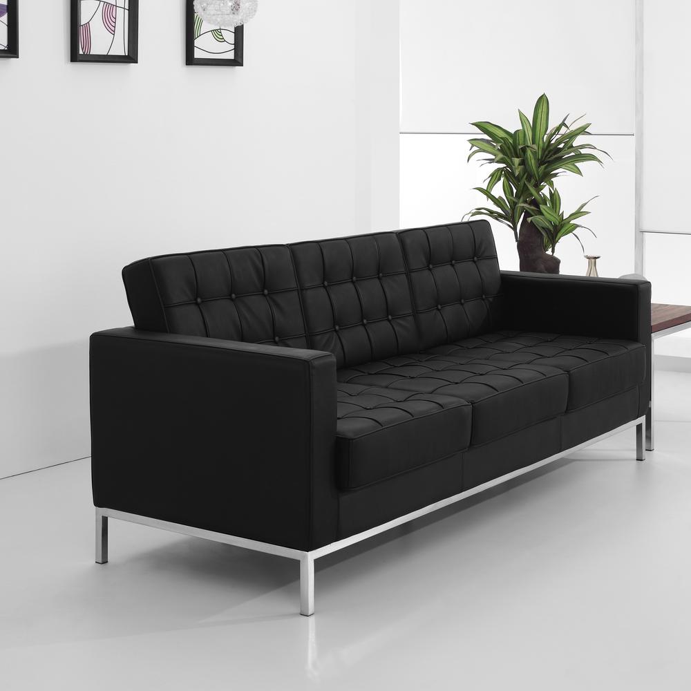Contemporary Button Tufted Black LeatherSoft Sofa with Integrated Stainless Steel Frame. Picture 3