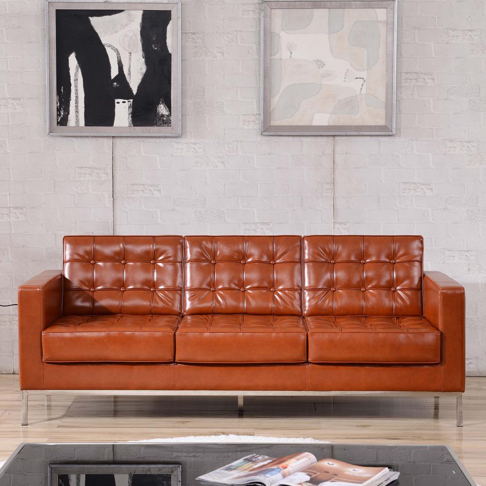 Contemporary Button Tufted Cognac LeatherSoft Sofa with Integrated Stainless Steel Frame. Picture 3