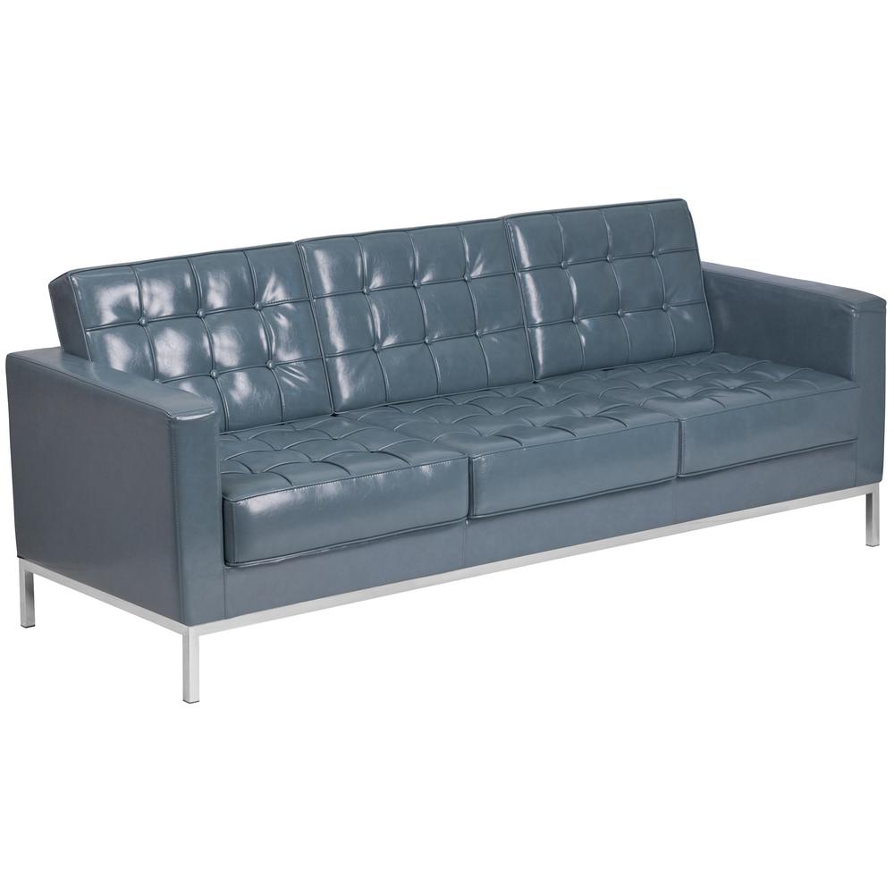 Contemporary Button Tufted Gray LeatherSoft Sofa with Integrated Stainless Steel Frame. Picture 1