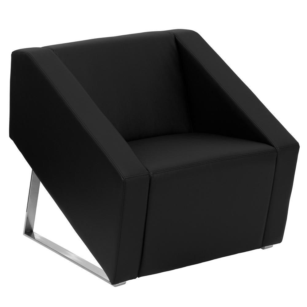 Black LeatherSoft Lounge Chair with Triangular Shaped Base. Picture 1