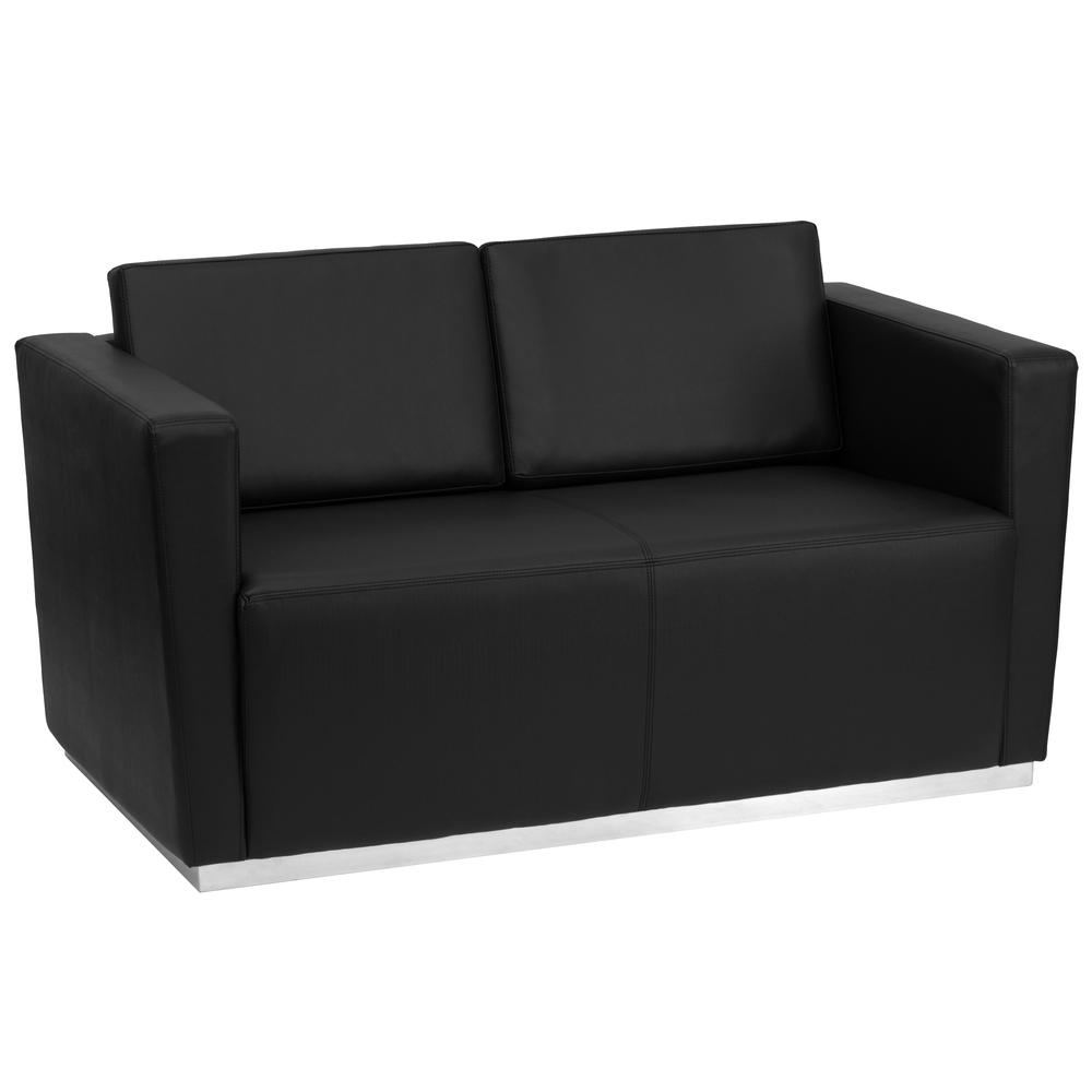 Contemporary Black LeatherSoft Loveseat with Stainless Steel Recessed Base. The main picture.