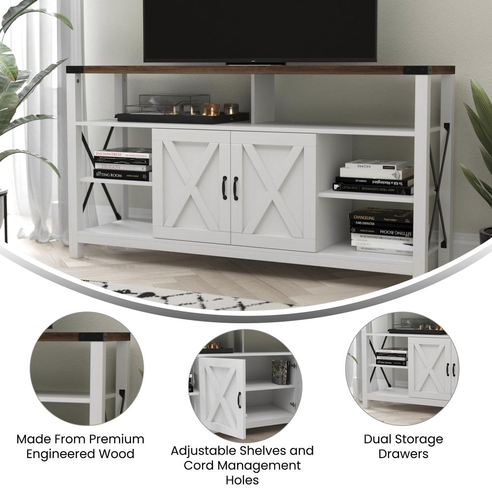 Wyatt 60" Modern Farmhouse Tall TV Stand with Storage Cabinets and Shelves for TV's up to 60", White/Rustic Oak. Picture 4