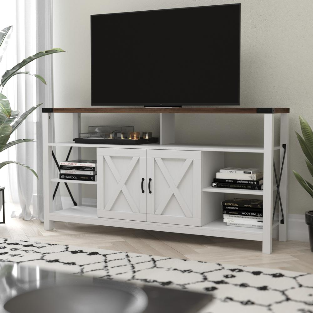 Wyatt 60" Modern Farmhouse Tall TV Stand with Storage Cabinets and Shelves for TV's up to 60", White/Rustic Oak. The main picture.