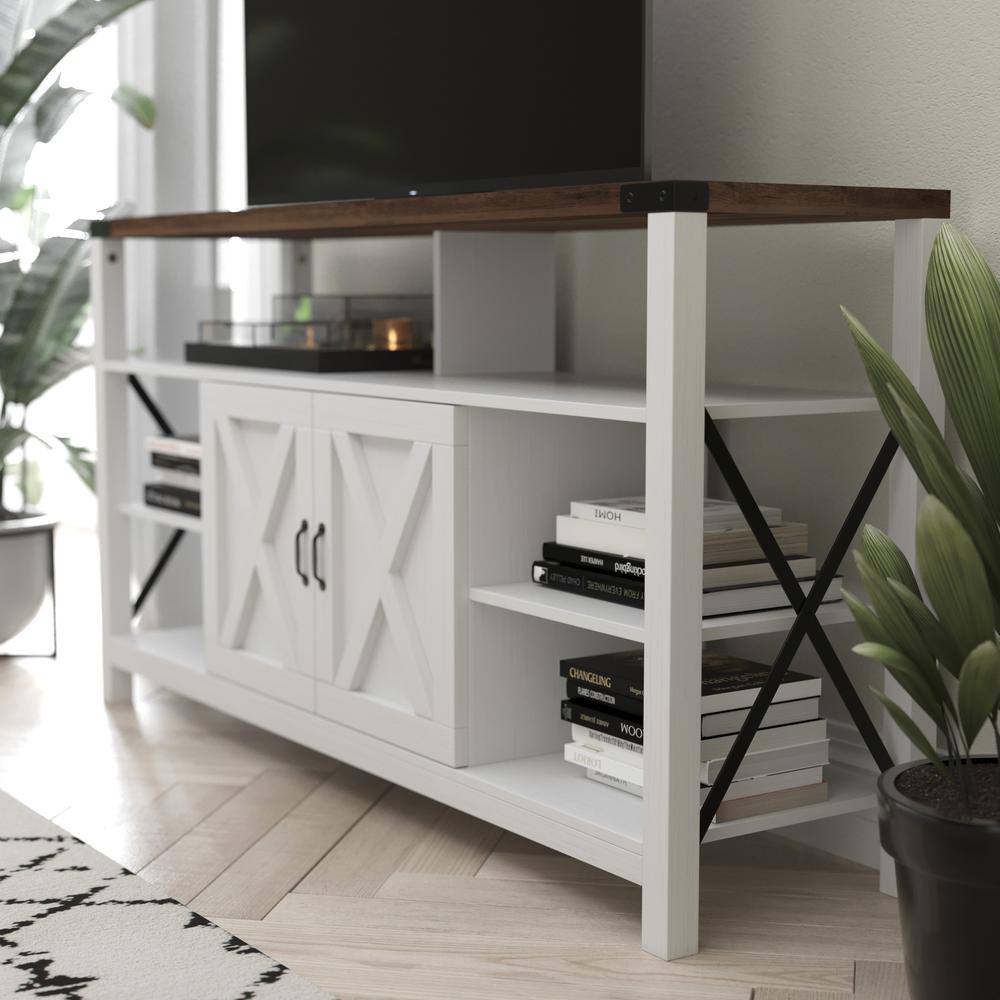 Wyatt 60" Modern Farmhouse Tall TV Stand with Storage Cabinets and Shelves for TV's up to 60", White/Rustic Oak. Picture 6