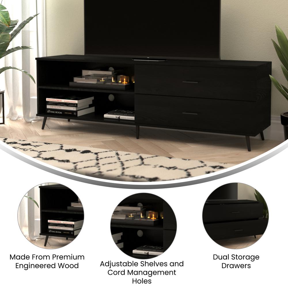 65" TV Stand for up to 60" TV's with Shelf and Storage Drawers, Black. Picture 4