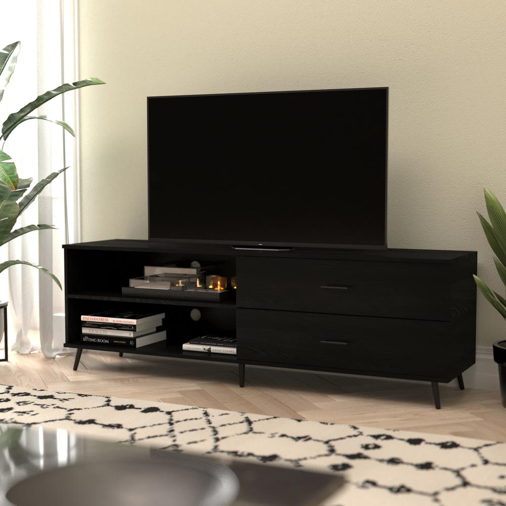 65" TV Stand for up to 60" TV's with Shelf and Storage Drawers, Black. Picture 1