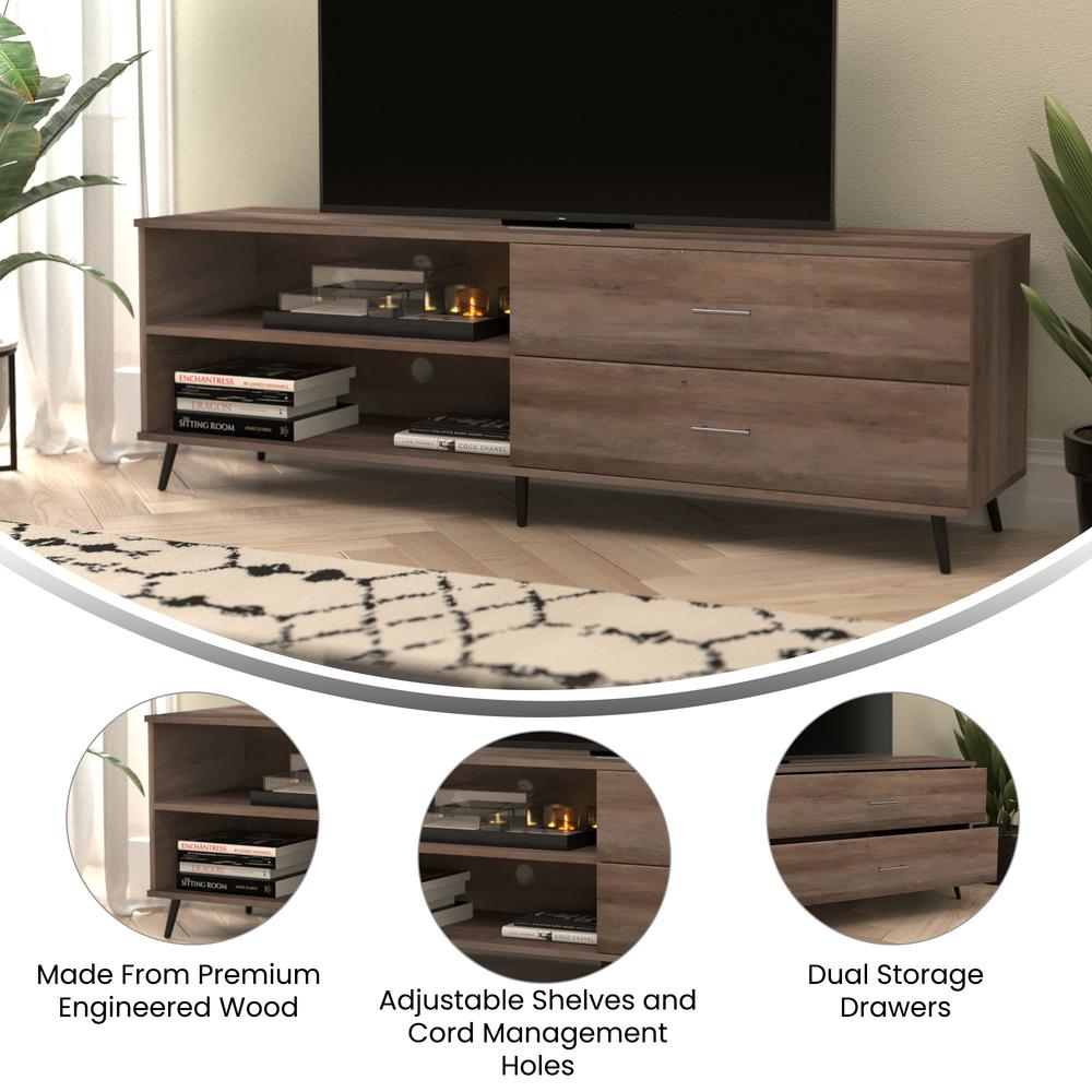 65" TV Stand for up to 60" TV's with Shelf and Storage Drawers, Walnut. Picture 4