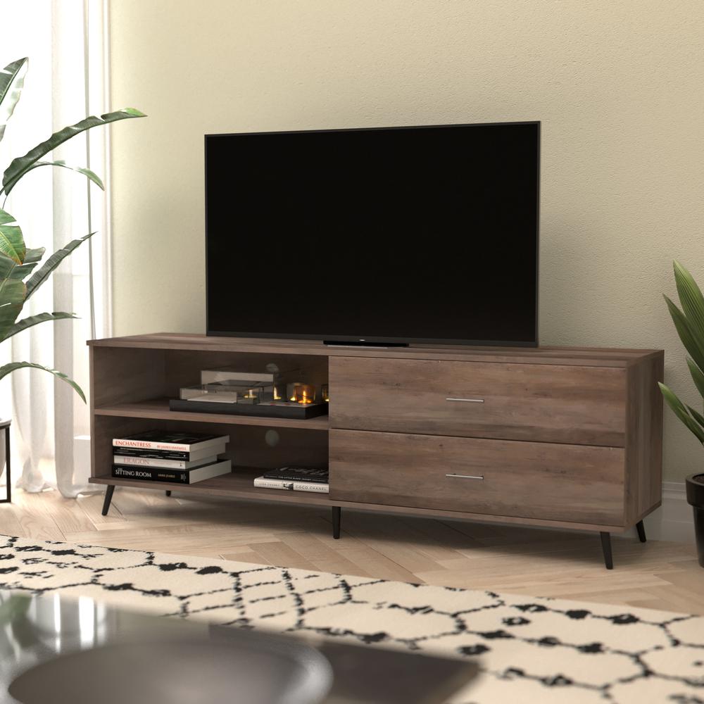 65" TV Stand for up to 60" TV's with Shelf and Storage Drawers, Walnut. Picture 1