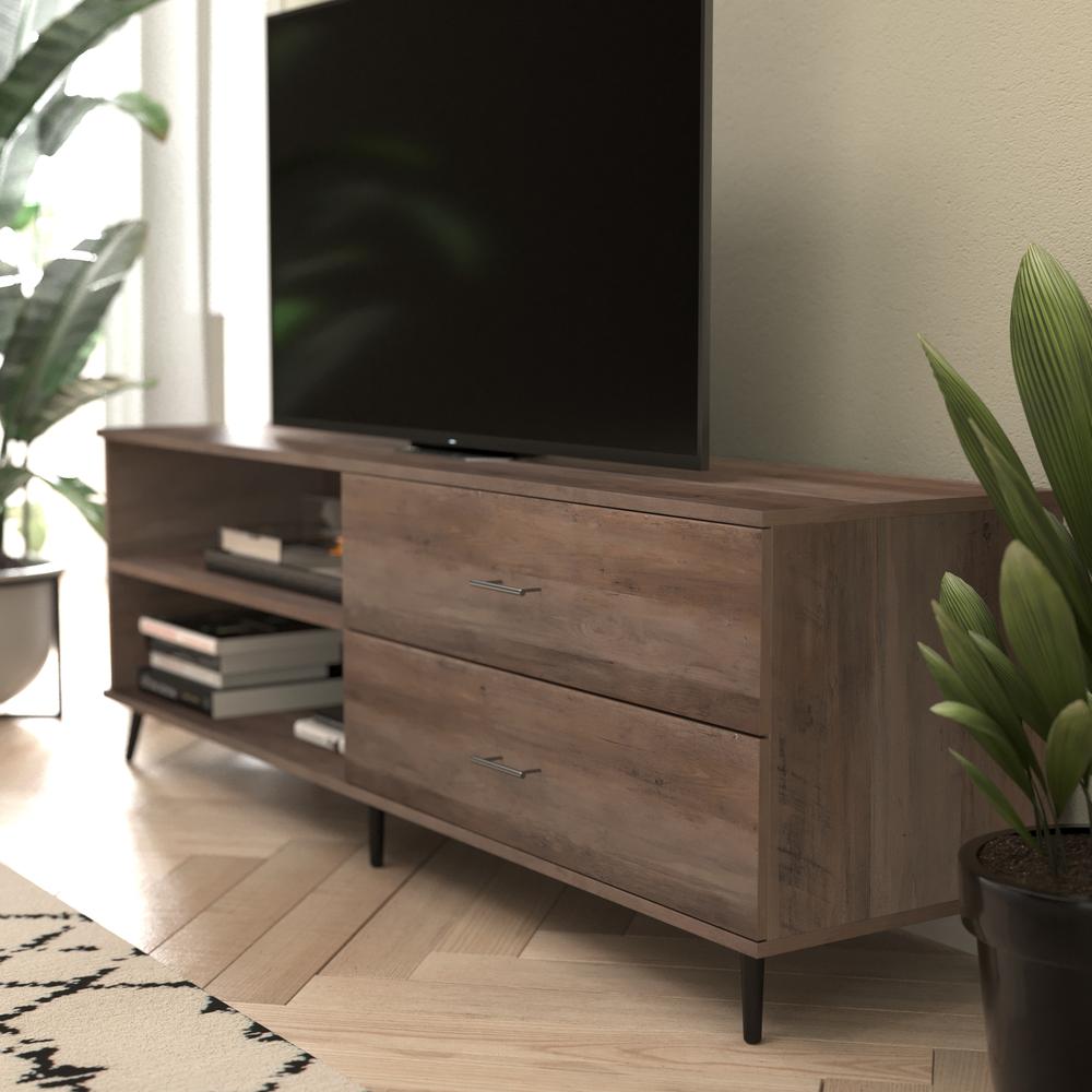 65" TV Stand for up to 60" TV's with Shelf and Storage Drawers, Walnut. Picture 6