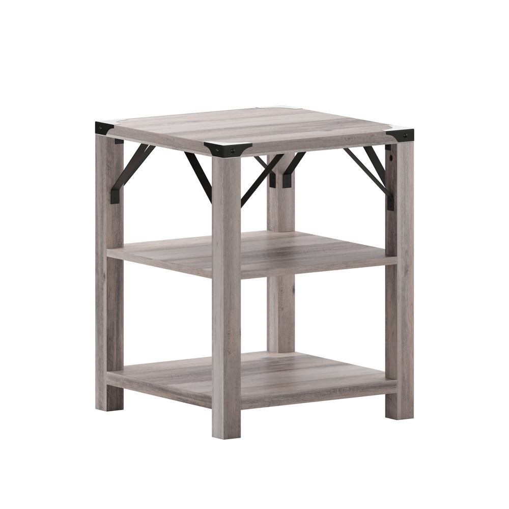 Farmhouse Wooden 3 Tier End Table with Black Metal Corner Accents, Gray Wash. Picture 2