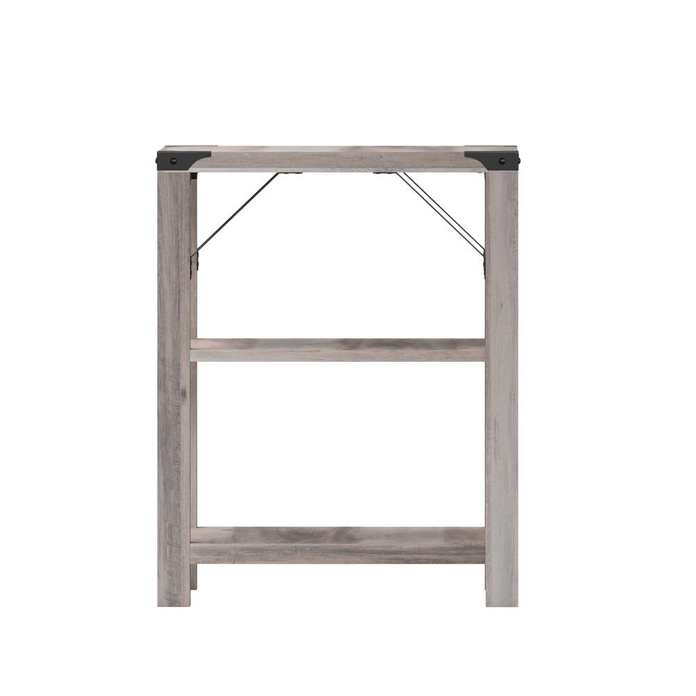 Farmhouse Wooden 3 Tier End Table with Black Metal Corner Accents, Gray Wash. Picture 10