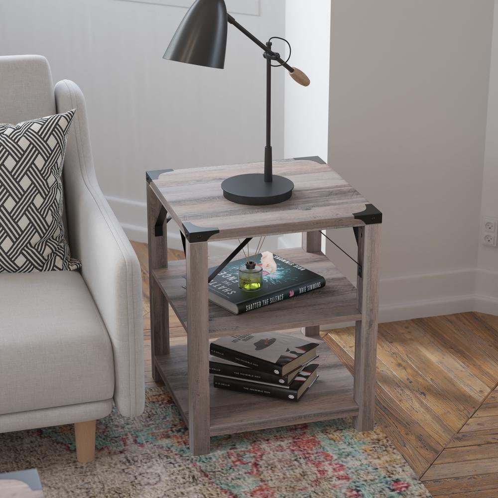Farmhouse Wooden 3 Tier End Table with Black Metal Corner Accents, Gray Wash. Picture 6