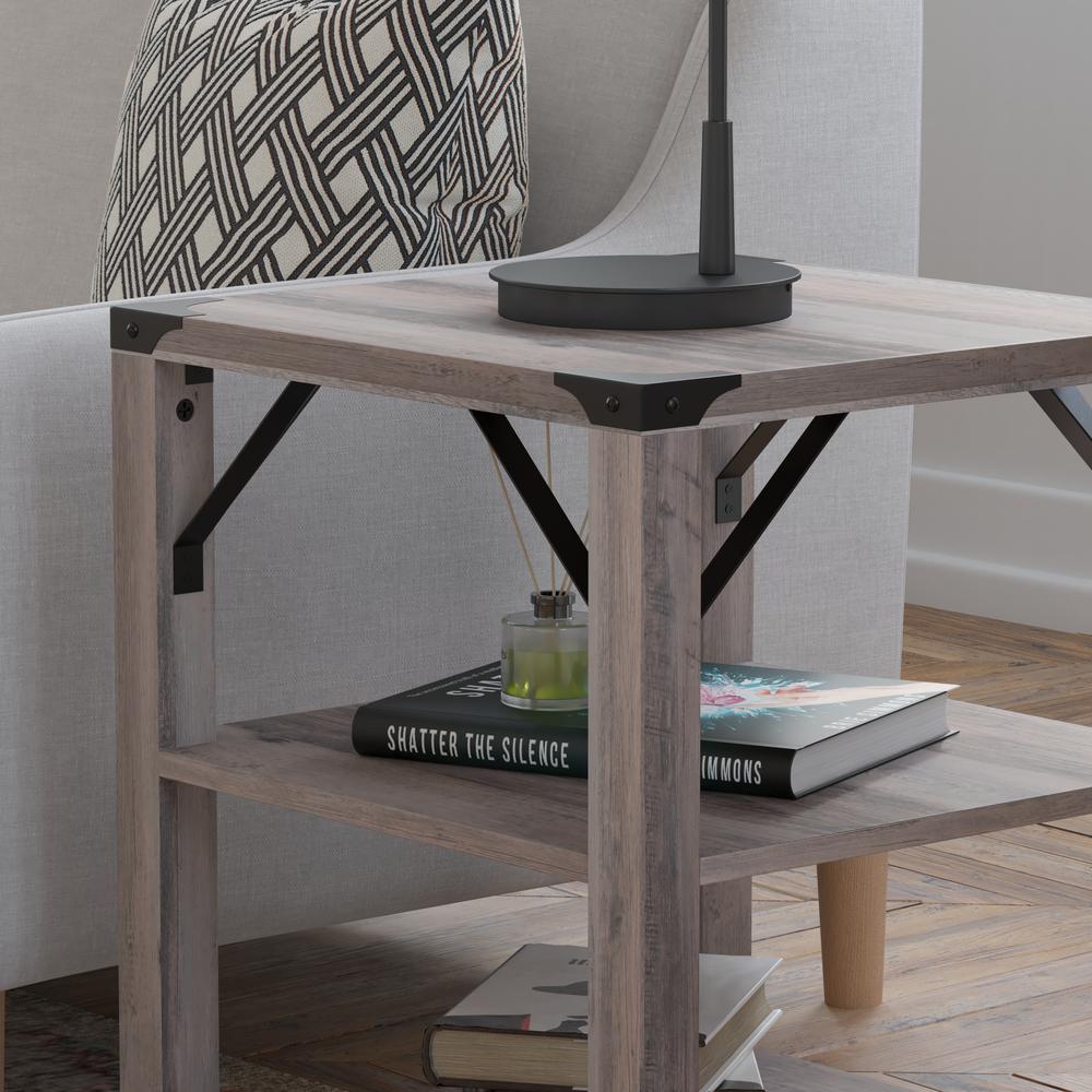 Farmhouse Wooden 3 Tier End Table with Black Metal Corner Accents, Gray Wash. Picture 7
