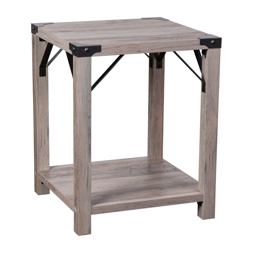 Farmhouse Wooden 2 Tier End Table with Black Metal Corner Accents, Gray Wash. Picture 2