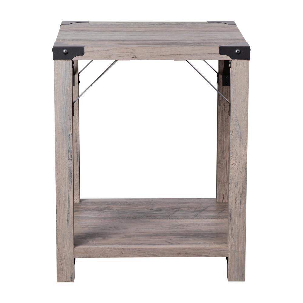 Farmhouse Wooden 2 Tier End Table with Black Metal Corner Accents, Gray Wash. Picture 10