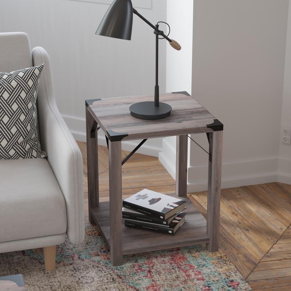 Farmhouse Wooden 2 Tier End Table with Black Metal Corner Accents, Gray Wash. Picture 6