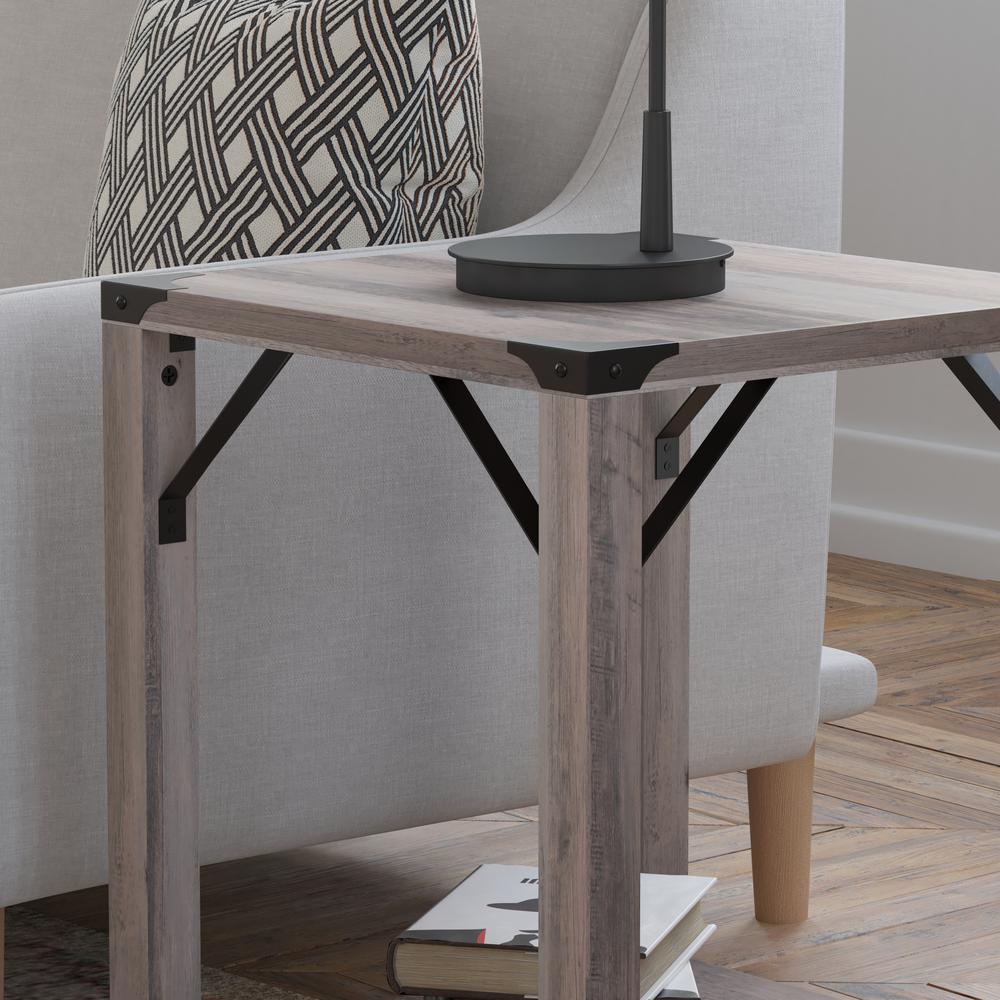 Farmhouse Wooden 2 Tier End Table with Black Metal Corner Accents, Gray Wash. Picture 7