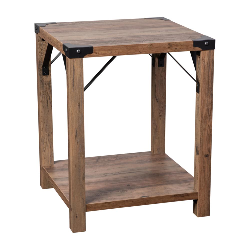 Farmhouse Wooden 2 Tier End Table with Black Metal Corner Accents, Oak. Picture 2