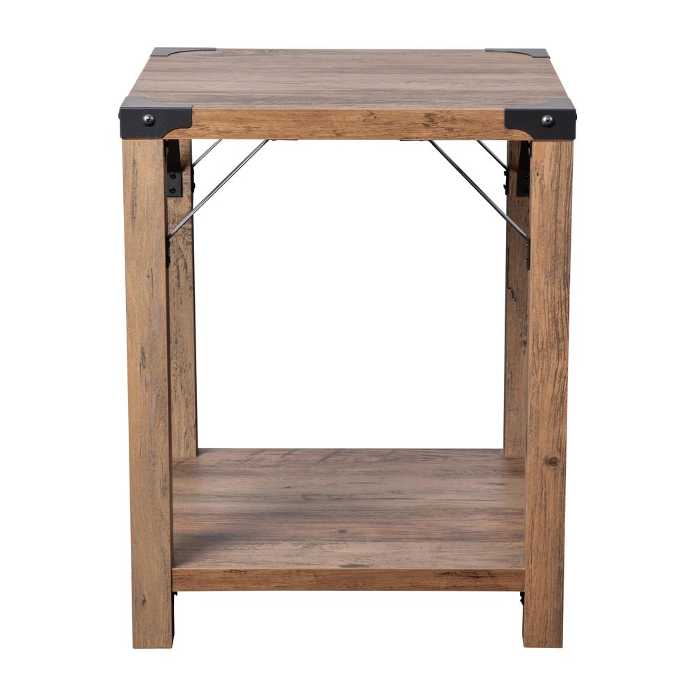 Farmhouse Wooden 2 Tier End Table with Black Metal Corner Accents, Oak. Picture 10