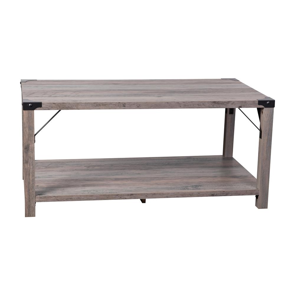 Farmhouse Wooden 2 Tier Coffee Table with Black Metal Corner Accents, Gray Wash. Picture 2