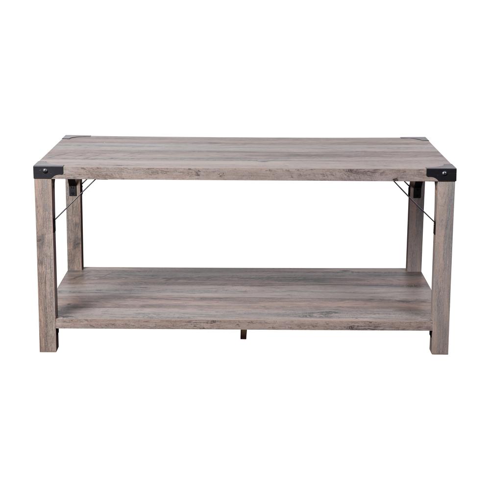 Farmhouse Wooden 2 Tier Coffee Table with Black Metal Corner Accents, Gray Wash. Picture 10