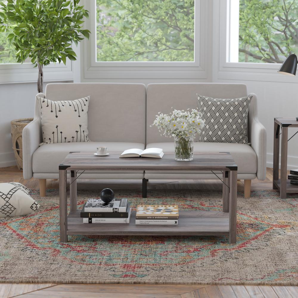 Farmhouse Wooden 2 Tier Coffee Table with Black Metal Corner Accents, Gray Wash. Picture 1