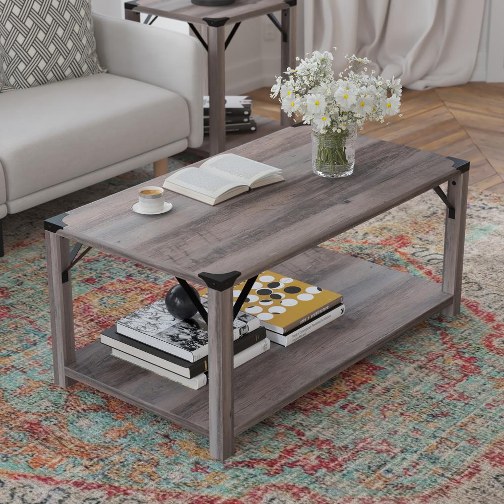 Farmhouse Wooden 2 Tier Coffee Table with Black Metal Corner Accents, Gray Wash. Picture 6