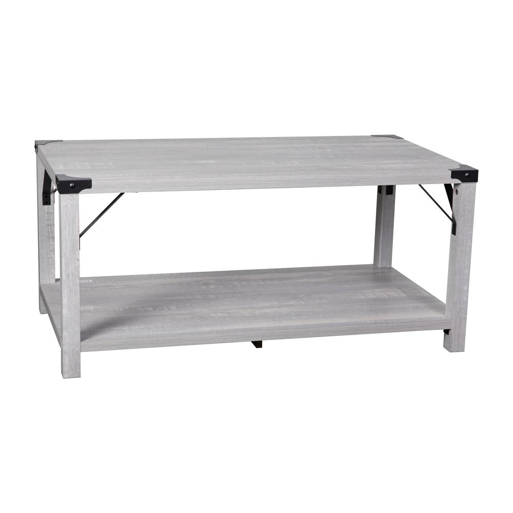Farmhouse Wooden 2 Tier Coffee Table with Black Metal Corner Accents, Aspen Gray. Picture 1