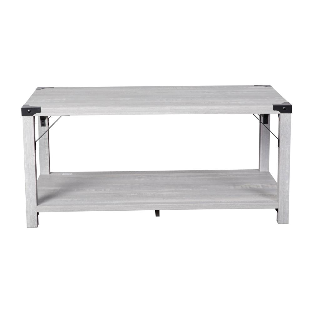 Farmhouse Wooden 2 Tier Coffee Table with Black Metal Corner Accents, Aspen Gray. Picture 2