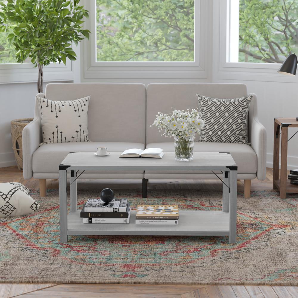 Farmhouse Wooden 2 Tier Coffee Table with Black Metal Corner Accents, Aspen Gray. Picture 11