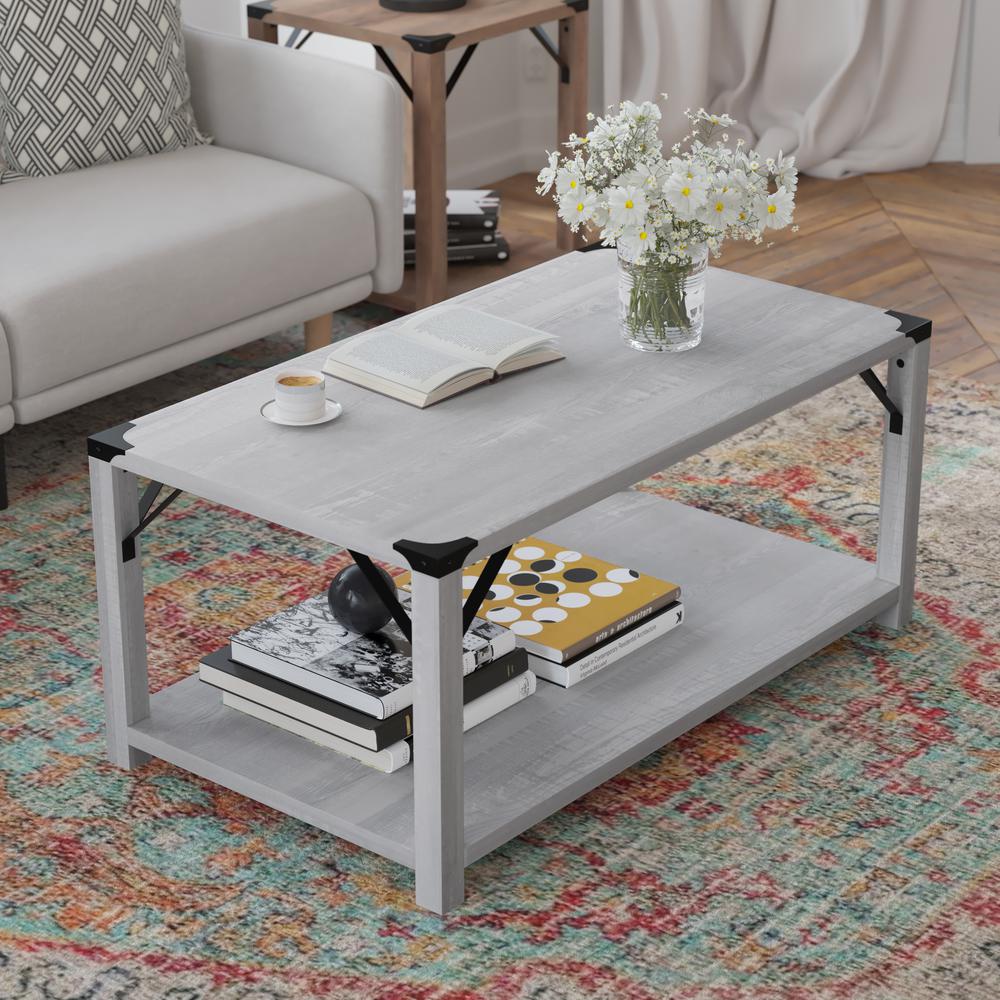Farmhouse Wooden 2 Tier Coffee Table with Black Metal Corner Accents, Aspen Gray. Picture 6