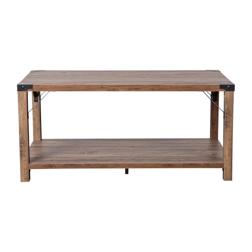 Farmhouse Wooden 2 Tier Coffee Table with Black Metal Corner Accents, Oak. Picture 10