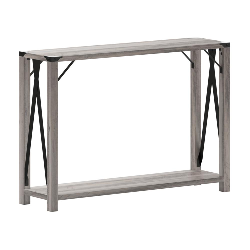 Farmhouse Wooden 2 Tier Console Entry Table with Black Metal Corner, Gray Wash. Picture 2