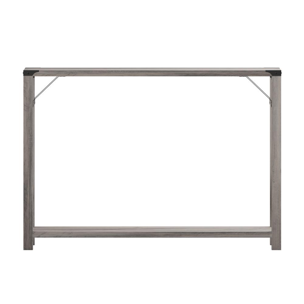 Farmhouse Wooden 2 Tier Console Entry Table with Black Metal Corner, Gray Wash. Picture 8