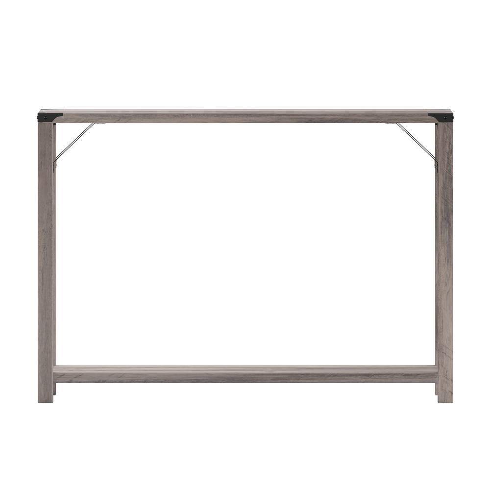 Farmhouse Wooden 2 Tier Console Entry Table with Black Metal Corner, Gray Wash. Picture 11