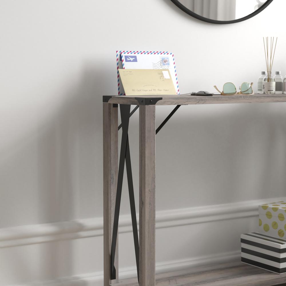 Farmhouse Wooden 2 Tier Console Entry Table with Black Metal Corner, Gray Wash. Picture 7