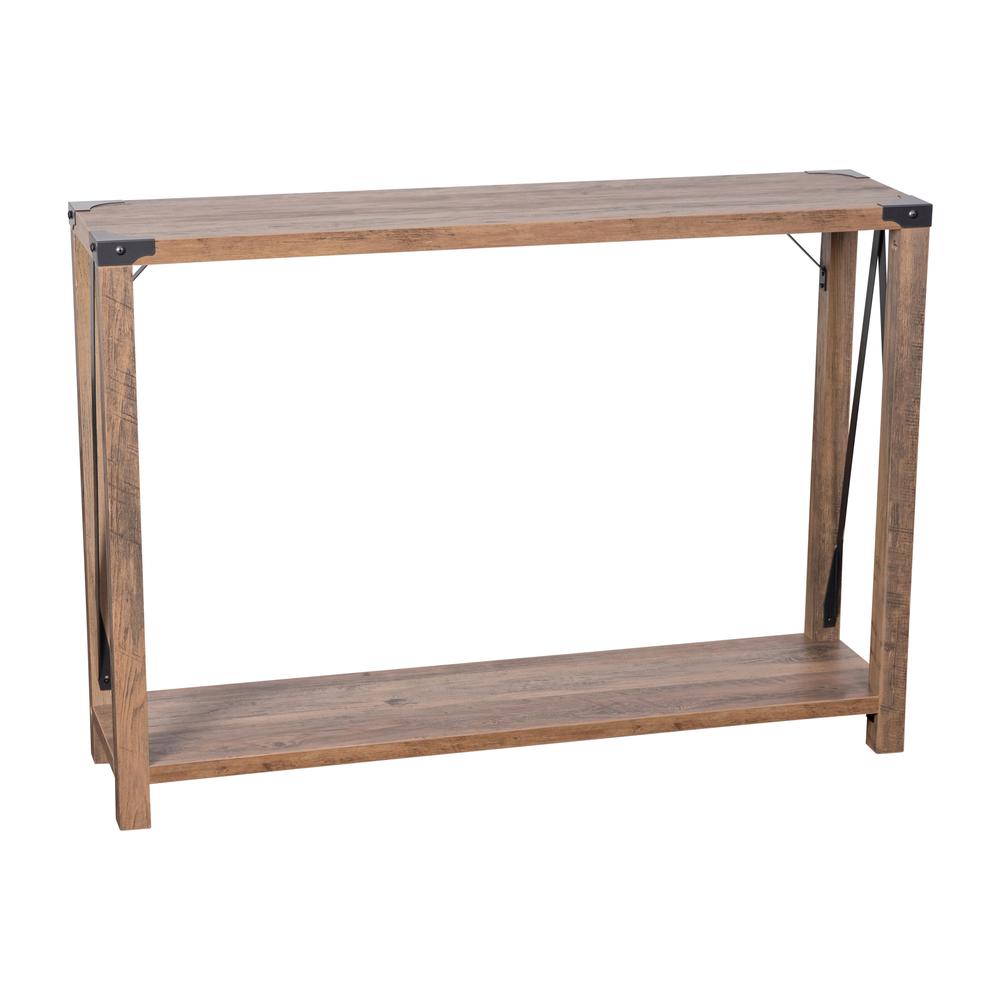 Farmhouse Wooden 2 Tier Console Entry Table with Black Metal Corner Accents, Oak. Picture 1