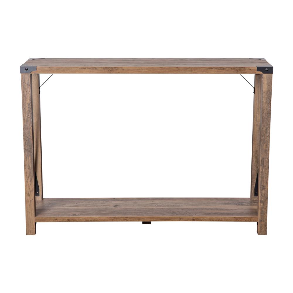 Farmhouse Wooden 2 Tier Console Entry Table with Black Metal Corner Accents, Oak. Picture 2