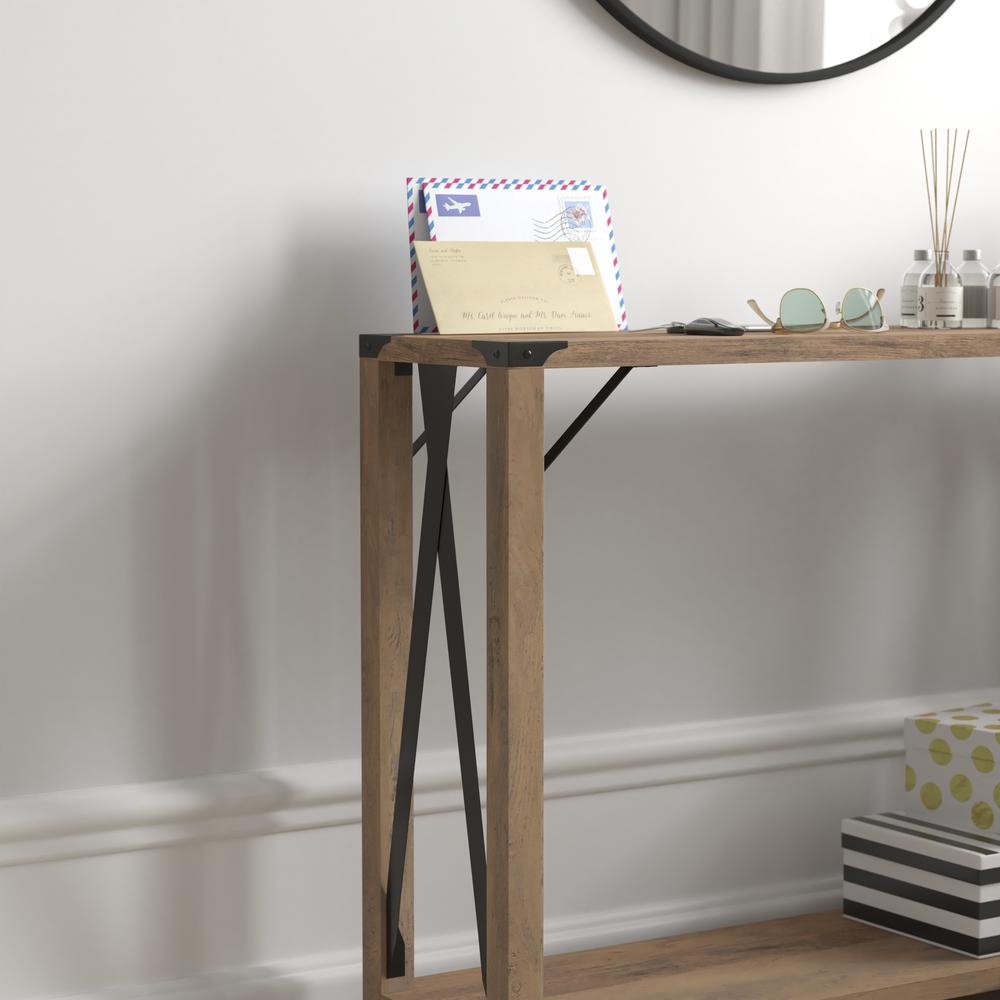 Farmhouse Wooden 2 Tier Console Entry Table with Black Metal Corner Accents, Oak. Picture 7