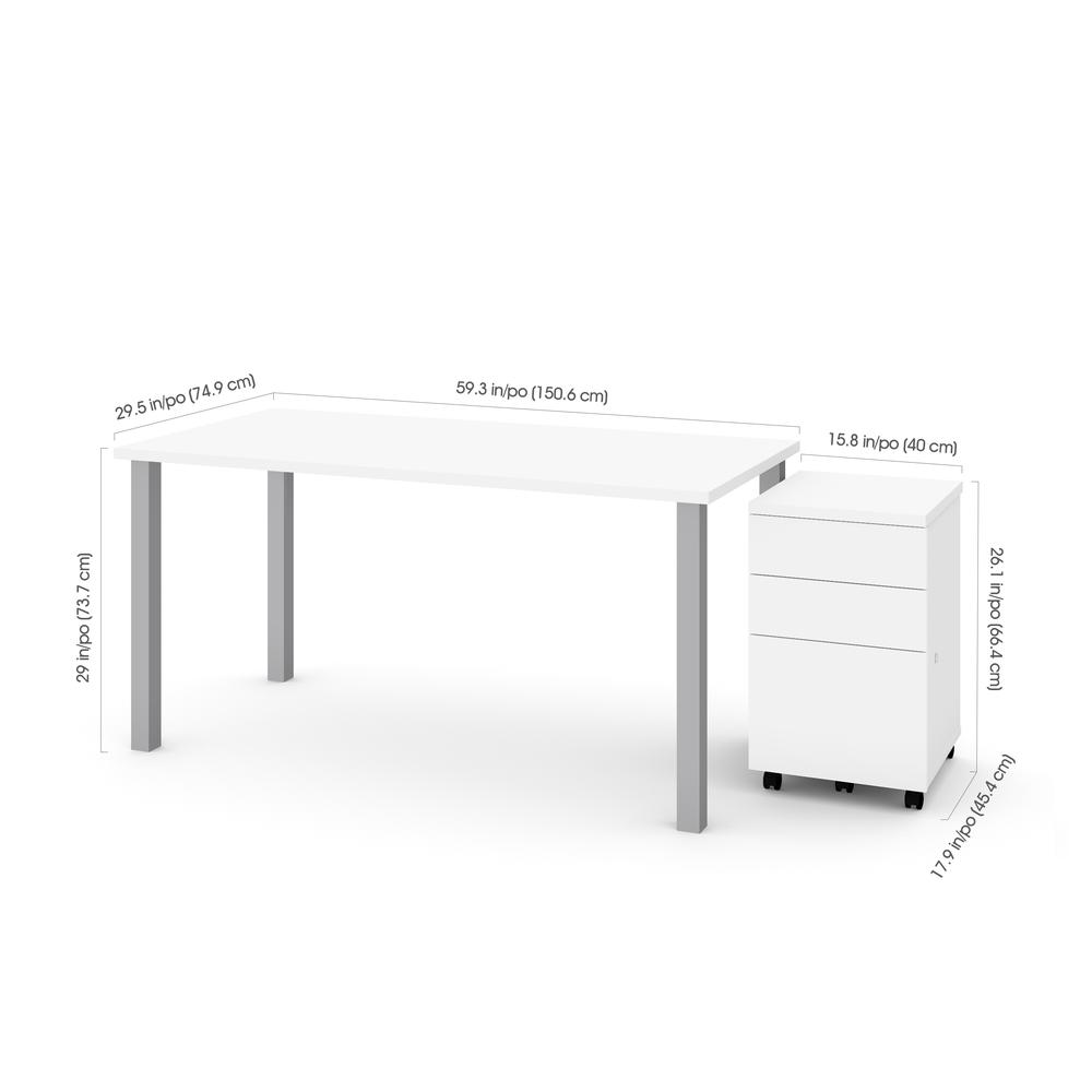 BESTAR Universel 2-Piece set including 30“ x 60“ table desk and an assembled mobile pedestal in white. Picture 2